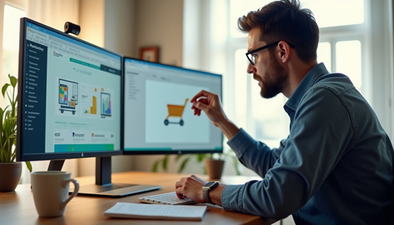 Przedsiębiorca porównujący platformy sklepu internetowego WooCommerce na monitorze