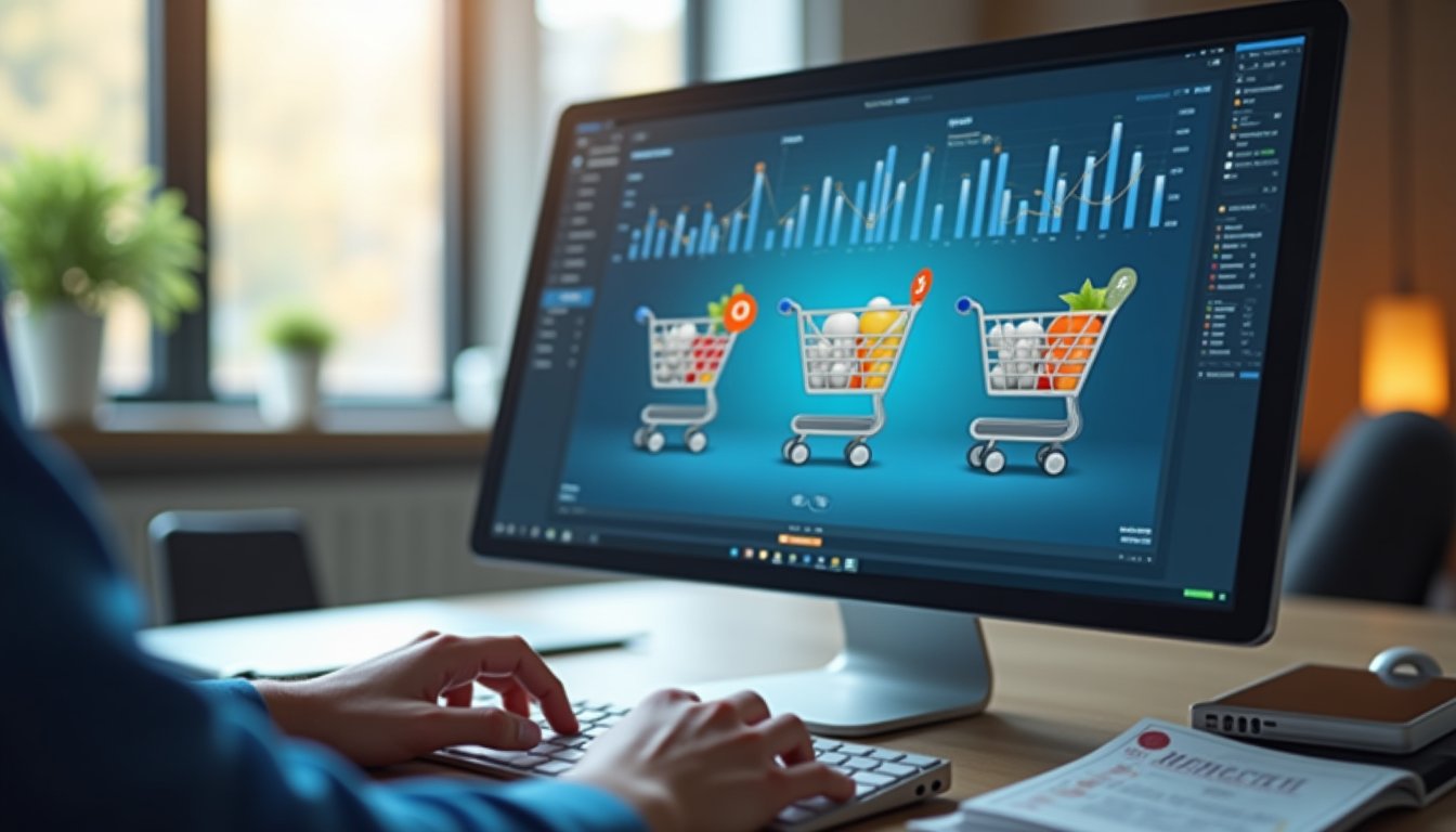 Ustawienia kampanii produktowej Google Ads na ekranie laptopa w biurze
