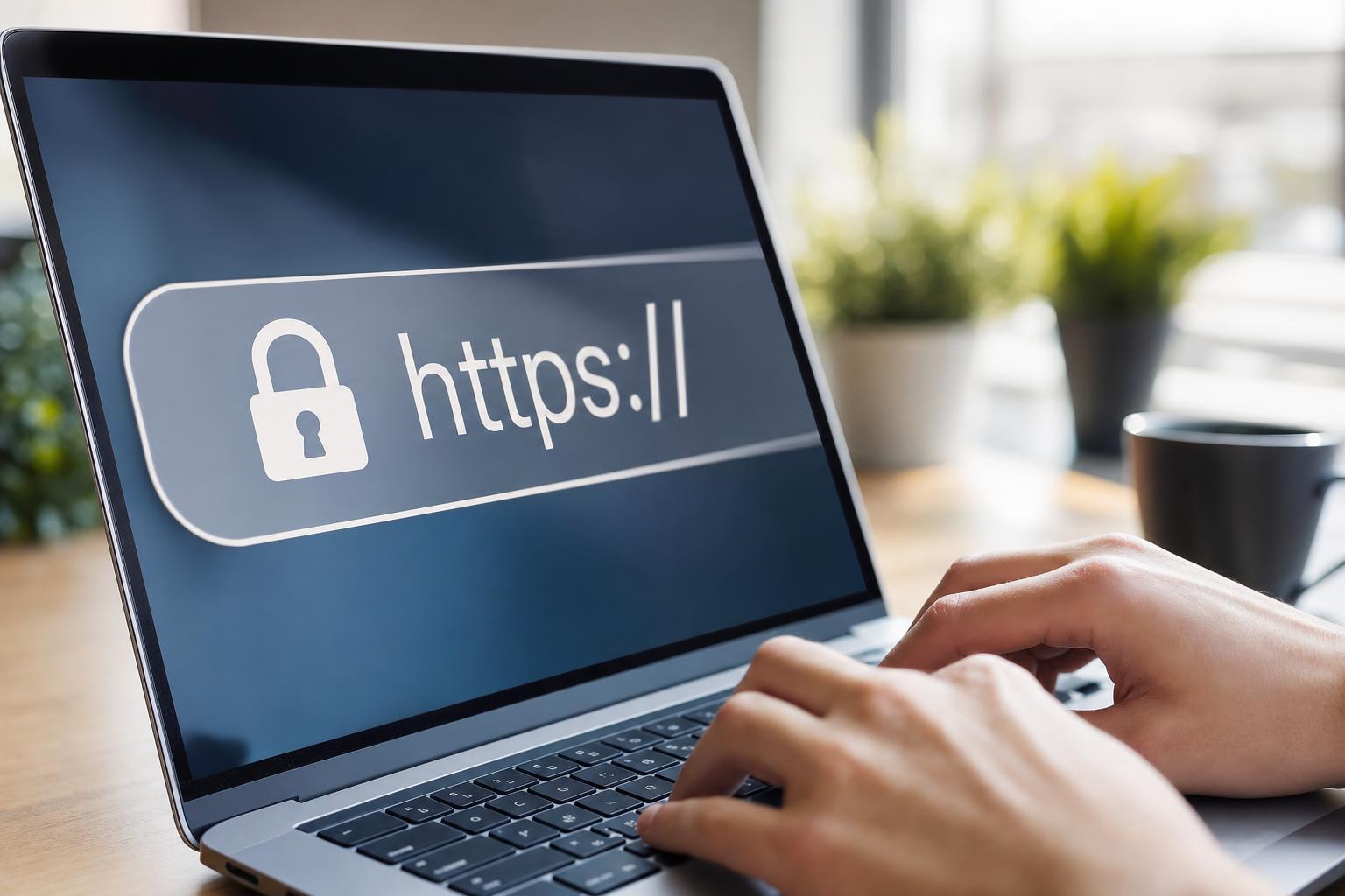 Certyfikat SSL widoczny jako kłódka w przeglądarce na laptopie