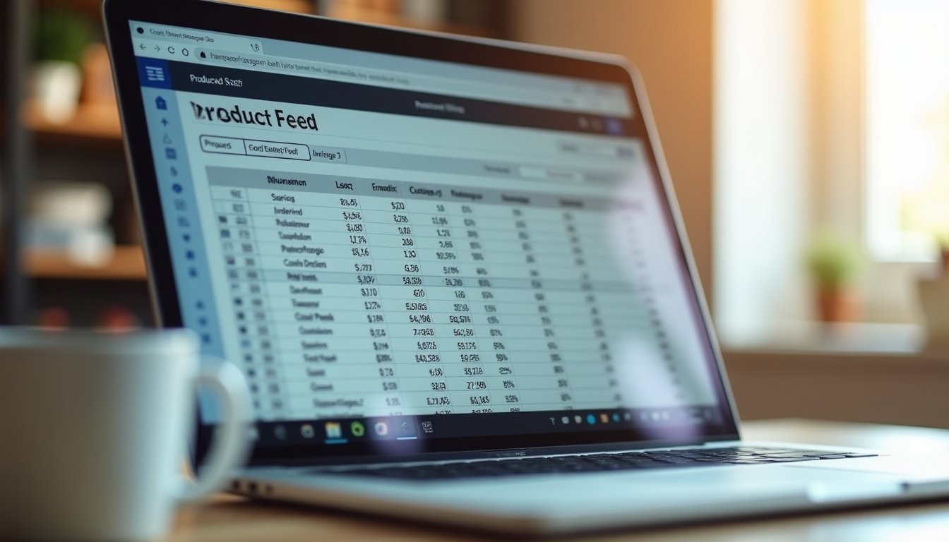 Konfiguracja Google Merchant Center na ekranie laptopa z feedem produktowym